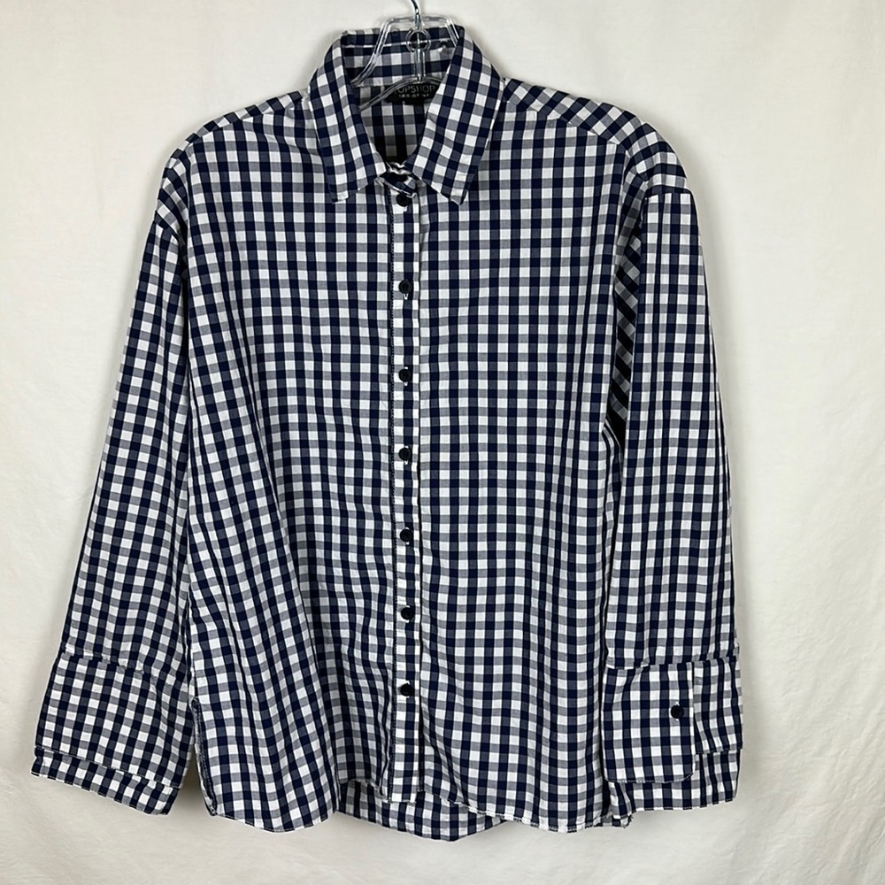 Topshop navy and white gingham button-down shirt, size 4